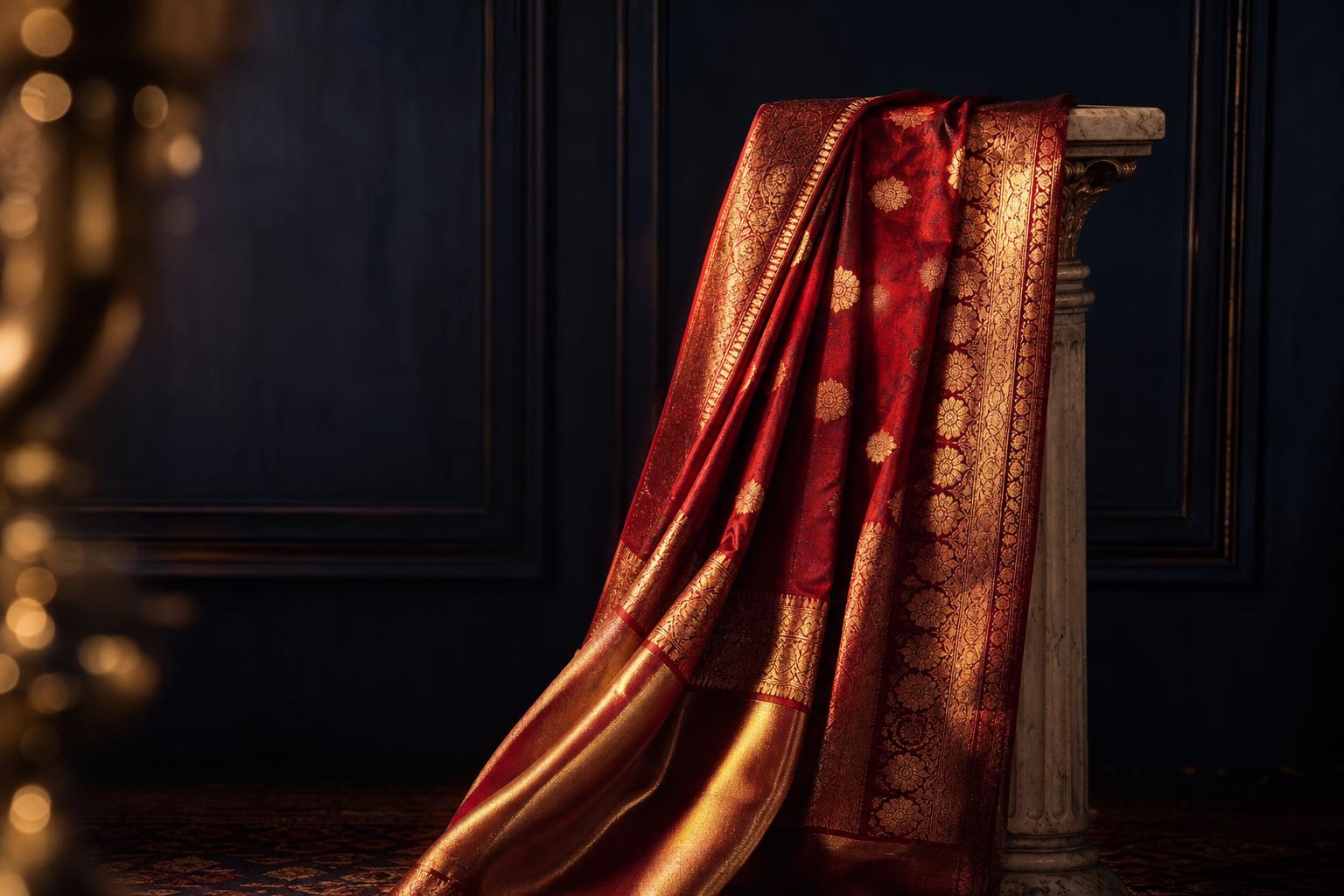 A crimson silk saree with gold zari draped over a marble column in candlelight